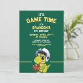 かわいいグリーン&イエローサッカー恐竜誕生日 招待状 (スタンド正面)