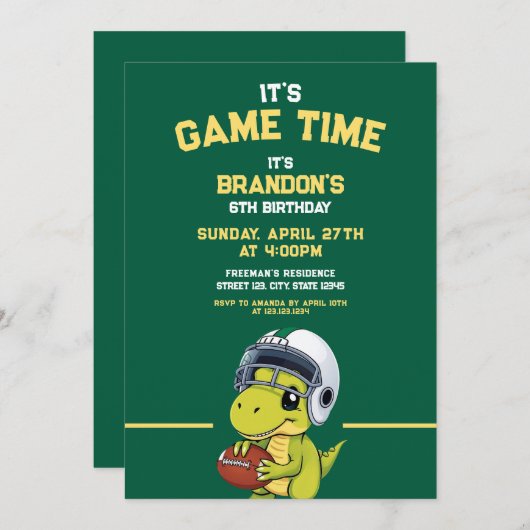 かわいいグリーン&イエローサッカー恐竜誕生日 招待状 (正面/裏面)