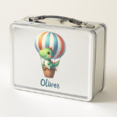 かわいいグリーンdinoが熱気球で飛行 メタルランチボックス (裏面)