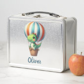 かわいいグリーンdinoが熱気球で飛行 メタルランチボックス (インサイチュ)