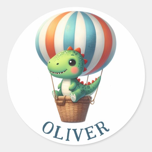 かわいいグリーンdinoが熱気球で飛行 ラウンドシール (正面)