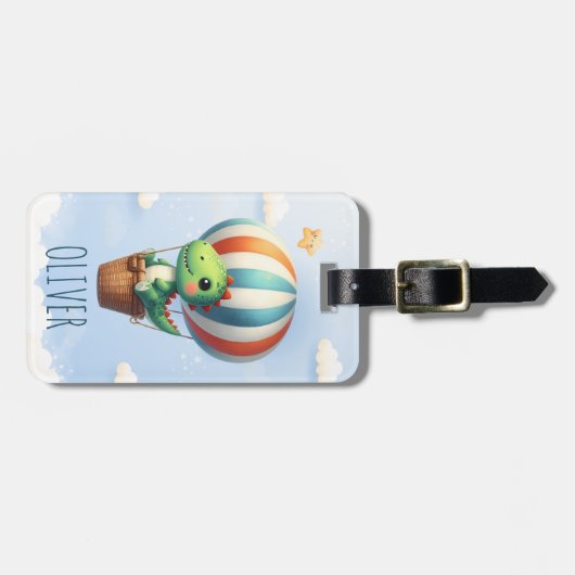 かわいいグリーンdinoが熱気球で飛行 ラゲッジタグ (正面横)