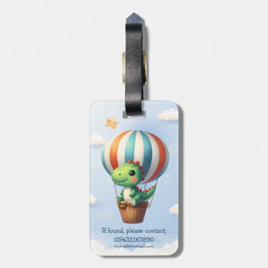 かわいいグリーンdinoが熱気球で飛行 ラゲッジタグ (裏面縦)