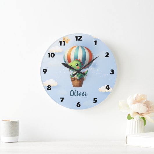 かわいいグリーンdinoが熱気球で飛行 ラージ壁時計 (ホーム)