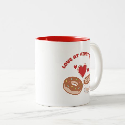 かわいいグルメカップルのコーヒーとドーナツのマグカップ ツートーンマグカップ (正面右)