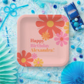 かわいいグルービーレトロ花ハッピーバースデーピンク ペーパープレート (パーティー)