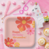 かわいいグルービーレトロ花ハッピーバースデーピンク ペーパープレート (パーティー)