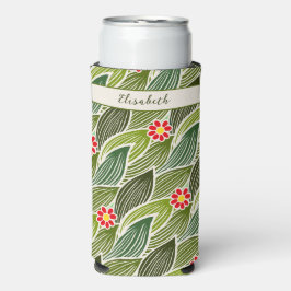 かわいいグルーヴィヒッパイレッドグリーンデイジーフローラルパターン スリム缶クーラー