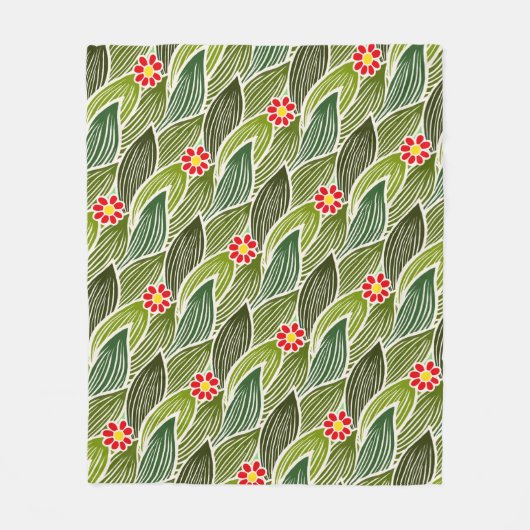 かわいいグルーヴィヒッパイレッドグリーンデイジーフローラルパターン フリースブランケット (正面)