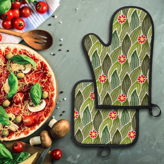 かわいいグルーヴィヒッパイレッドグリーンデイジーフローラルパターン 鍋つかみ&鍋敷きセット