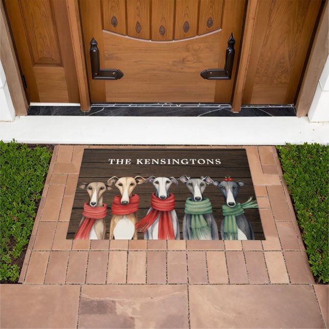 かわいいグレイハウンドとウィペットがスカーフで犬 ドアマット (室外)