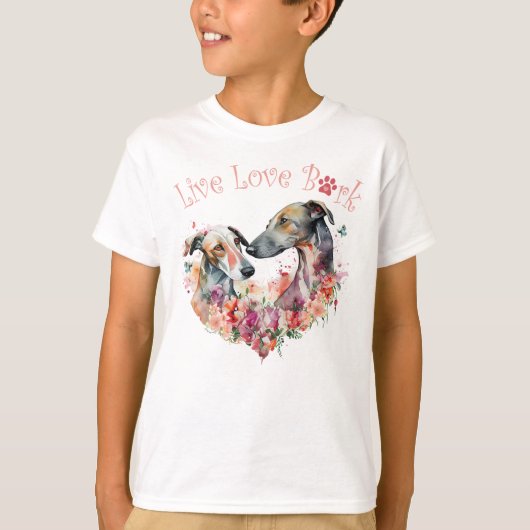 かわいいグレイハウンドの花柄デザイン Tシャツ (正面)