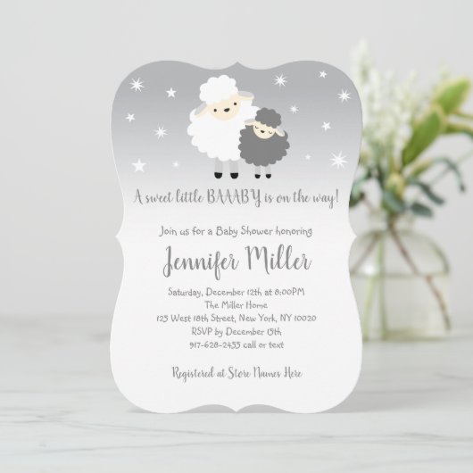 かわいいグレーと白いラムベビーシャワー 招待状 (スタンド正面)