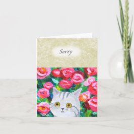かわいいグレーのタビー猫の涙　花柄　ごめんなさい カード