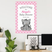 かわいいグレーの子猫とハート女の子ベビーシャワー ポスター (ホームオフィス)