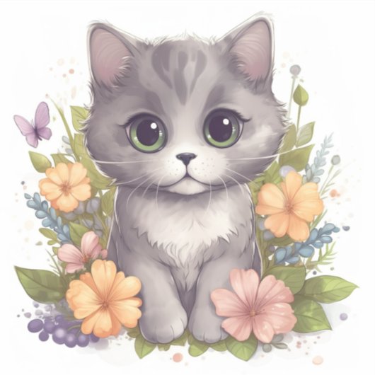 かわいいグレーの子猫と春の花 シール (正面)