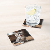 かわいいグレーの子猫笑顔コースターセット スクエアペーパーコースター (インサイチュ)