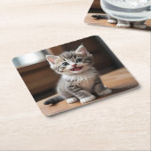 かわいいグレーの子猫笑顔コースターセット スクエアペーパーコースター (アングル)