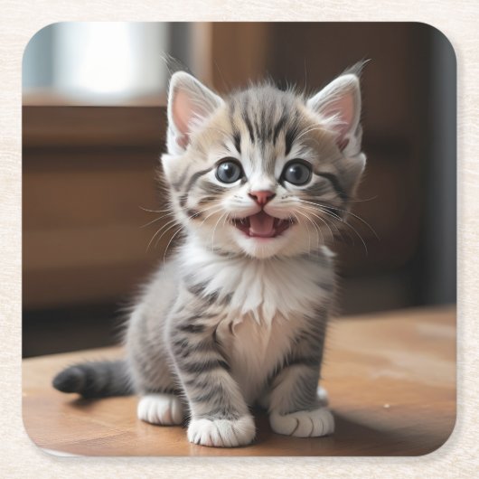 かわいいグレーの子猫笑顔コースターセット スクエアペーパーコースター (正面)