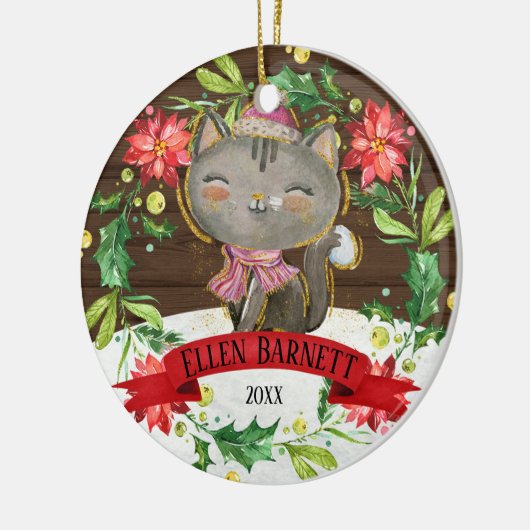 かわいいグレーの水色の猫のクリスマス セラミックオーナメント (左)