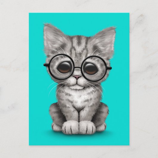 かわいいグレーの虎猫子猫と眼鏡青 ポストカード (正面)