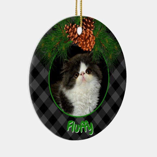 かわいいグレーの黒い格子柄のピネコーンペット写真テンプレート セラミックオーナメント (右)