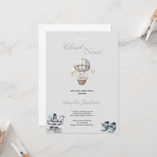 かわいいグレーシンプルの少年のバビシャワーの招待 招待状 (正面/裏面インサイチュ)