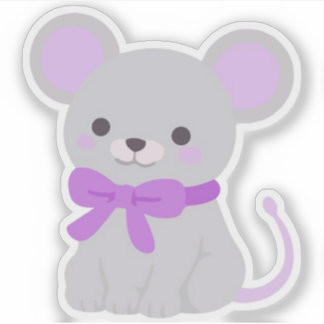 かわいいグレーネズミ紫の蝶結びビニールステッカー シール