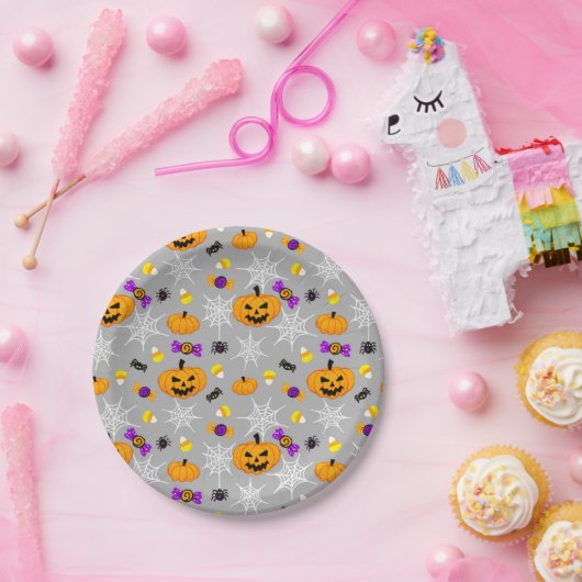 かわいいグレーハロウィーンパターン ペーパープレート (パーティー)