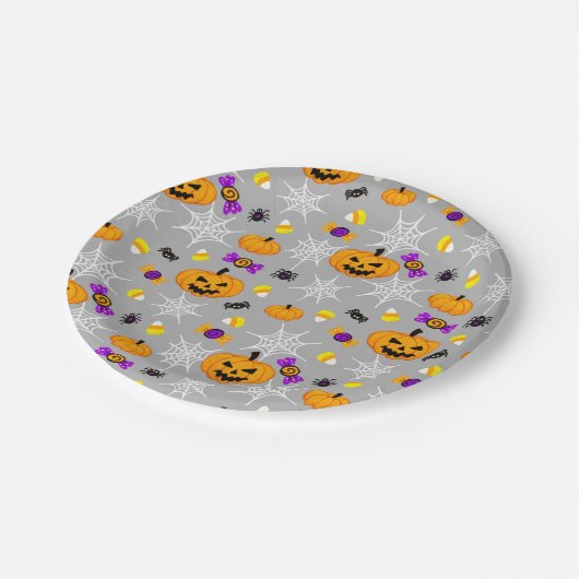 かわいいグレーハロウィーンパターン ペーパープレート (アングル)
