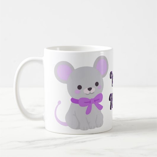 かわいいグレーマウス紫リボンマグ コーヒーマグカップ (左)