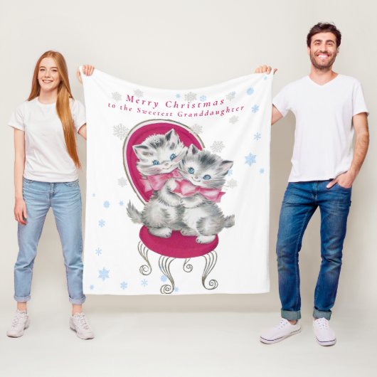 かわいいグレー子猫ピンクボウクリスマススノーフレーク フリースブランケット (インサイチュ)