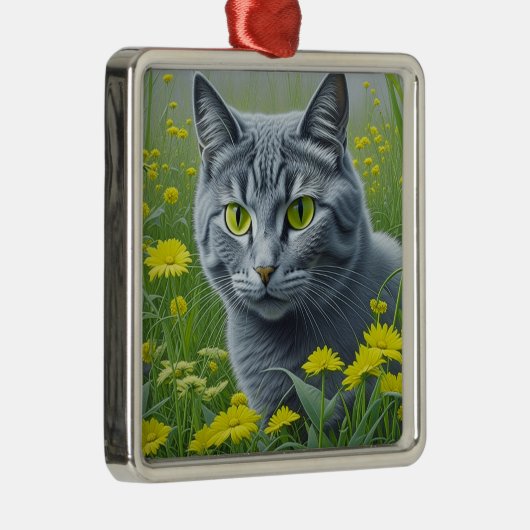 かわいいグレー猫とイエローアイアート メタルオーナメント (右)