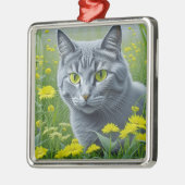 かわいいグレー猫とイエローアイアート メタルオーナメント (左)