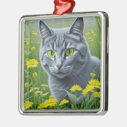 かわいいグレー猫とイエローアイアート メタルオーナメント (左)