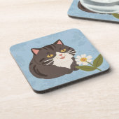 かわいいグレー猫とカモミールフラワー コースター (左側)