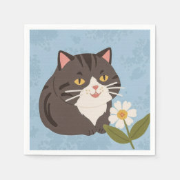 かわいいグレー猫とカモミールフラワー スタンダードカクテルナプキン