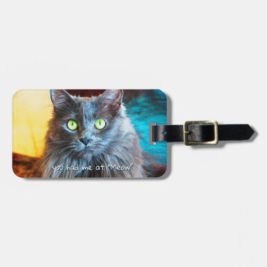 かわいいグレー猫の写真ミュー引用文 はっきりした ラゲッジタグ (正面横)