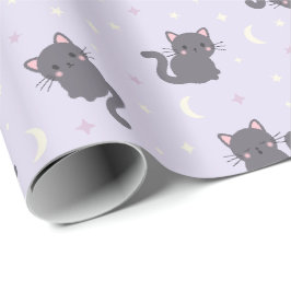 かわいいグレー猫の紫色の包装紙 ラッピングペーパー