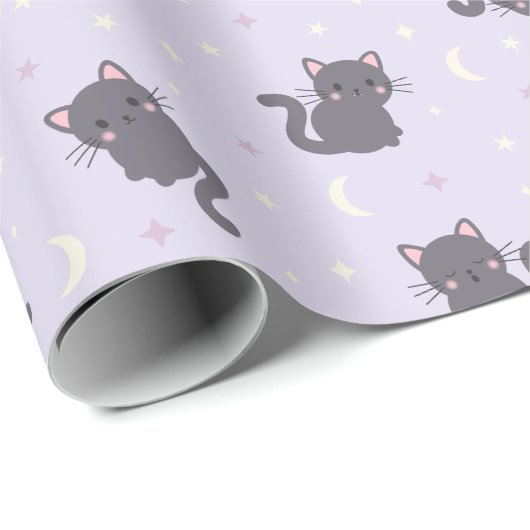 かわいいグレー猫の紫色の包装紙 ラッピングペーパー (ロールコーナー)