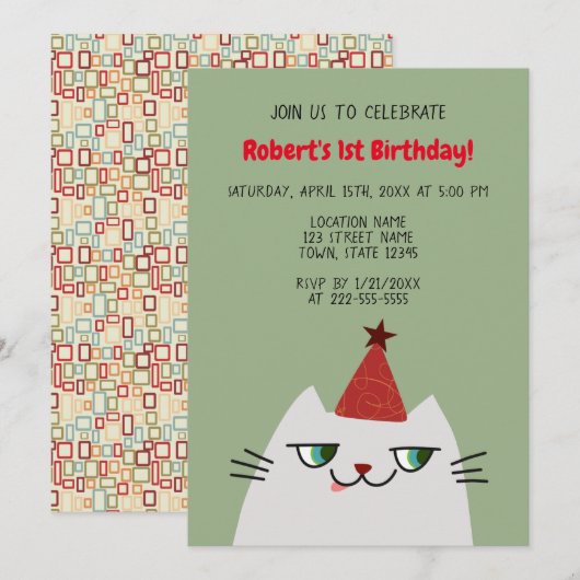 かわいいグレー猫の1歳の誕生日 招待状 (正面/裏面)
