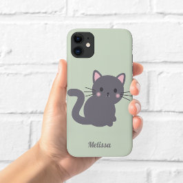 かわいいグレー猫セージグリーンのオーダーメイドスマホケース iPhone 11 ケース