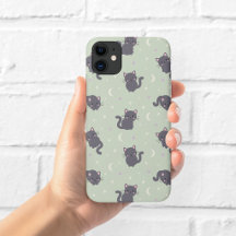 かわいいグレー猫セージグリーンのスマホケース
