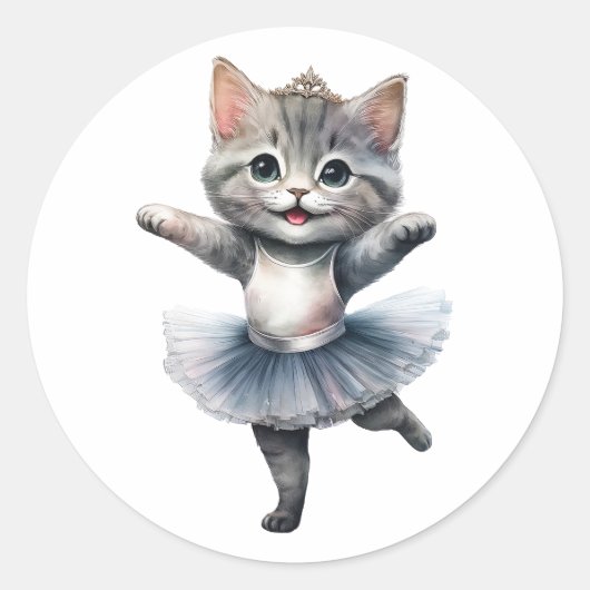 かわいいグレー猫バレリーナ踊りバレエ ラウンドシール (正面)