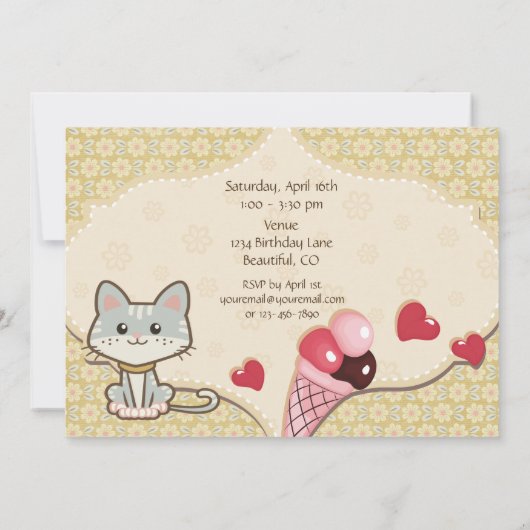 かわいいグレー猫、アイスクリームと花誕生日 招待状 (裏面)