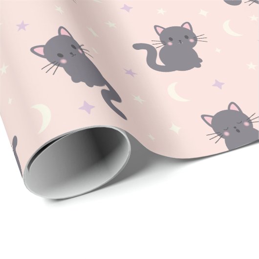 かわいいグレー猫 ピンク包装紙 ラッピングペーパー (ロールコーナー)