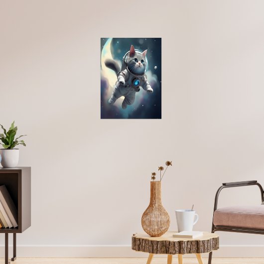 かわいいグレー飛んでいる猫宇宙 ポスター (リビング3)