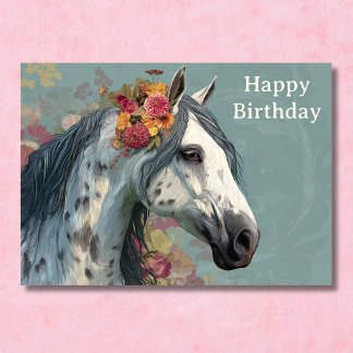 かわいいグレー馬と花のフラワー誕生日 カード