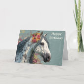 かわいいグレー馬と花のフラワー誕生日 カード (正面)