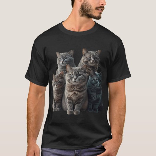 かわいいグレー+タビー猫の家族の肖像画 Tシャツ (正面)